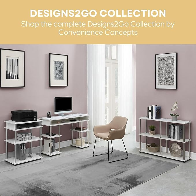 Convenience Concepts Designs2Go No Tools 3 Tier Wide Console Table 42" - Modern Multipurpose Accent with Shelves for TV Media Center, Office Desk Extension, Entryway Display, & Home Storage, White-NeatNest