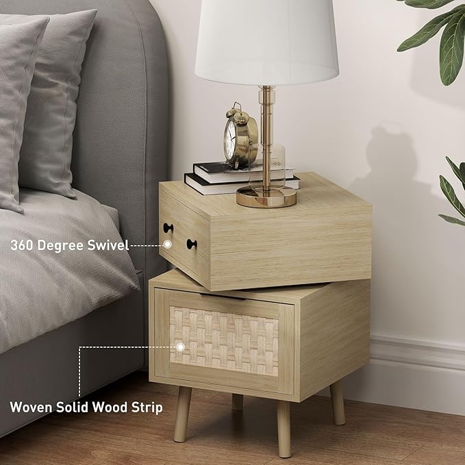 Bonzy Home Nightstand with Storage, 23" Side Table with Woven Doors, Bedside Table with 360° Rotating for Living Room, Bedroom, Oak-NeatNest