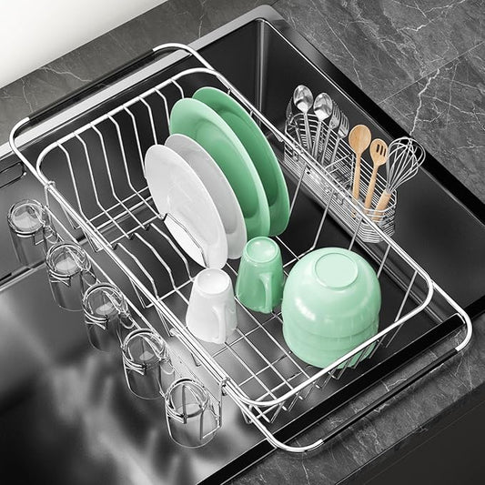 Small Dish Drying Rack in Sink, Extendable Stainless Steel Dish Drainers for Kitchen Counter, Anti-Rust Dish Dryer Rack with Utensil & Cup Holders, for Inside Sink, Over The Sink(for 1-2 People)