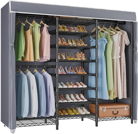 VIPEK S3C Heavy Duty Portable Closet with Adjustable Shoe Rack Wire Shelf, Large Wardrobe Organizer for Bedroom Storage, Freestanding Clothes Rack with Hanging Rod, Custom Black Rack with Grey Cover-NeatNest