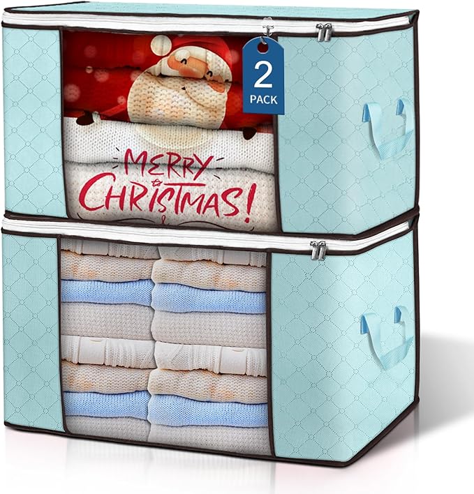 Budding Joy 90 L Large Storage Bags, 2 Pack Clothes Bins Foldable Closet Organizer Containers for Blanket, Comforters, Bed Sheets, Pillows and Toys (Blue)-NeatNest