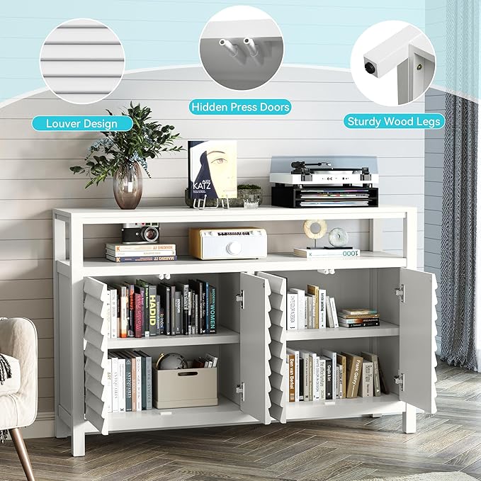 HLR Bathroom Floor Storage Cabinet, Farmhouse Sideboard with Decorative Louvered Doors, Bathroom Storage Unit with 4 Doors & Shelves, Freestanding Credenza for Dining Room, Living Room, Hallway, White-NeatNest