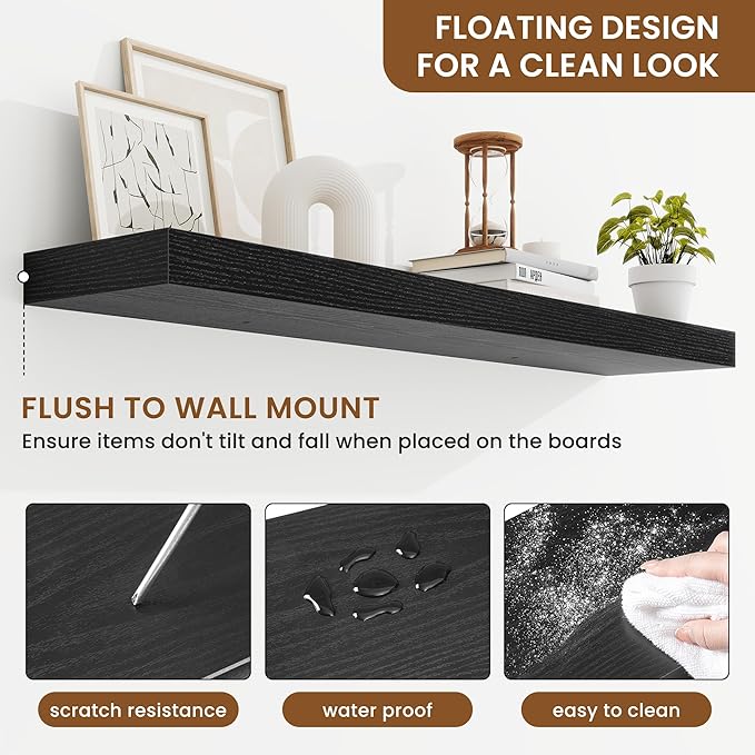 fuqing Floating Shelves for Wall, Bathroom Shelf Wall Mounted for Storage, Shelves with Invisible Bracket for Bedroom, Kitchen, Living Room, Farmhouse Small Book Shelf, 40 Inch Set of 2, Black-NeatNest