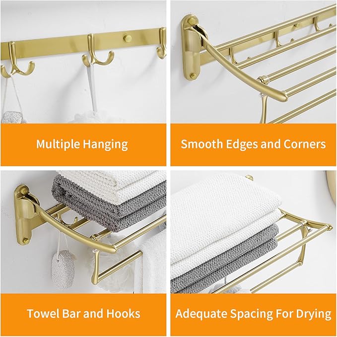 BESy 24 Inch Brushed Gold Towel Racks, Bathroom Towel Shelf with Foldable Towel Bar Holder and Towel Hooks, Wall Mounted Multifunctional Bathroom Accessories, Double Towel Bars-NeatNest