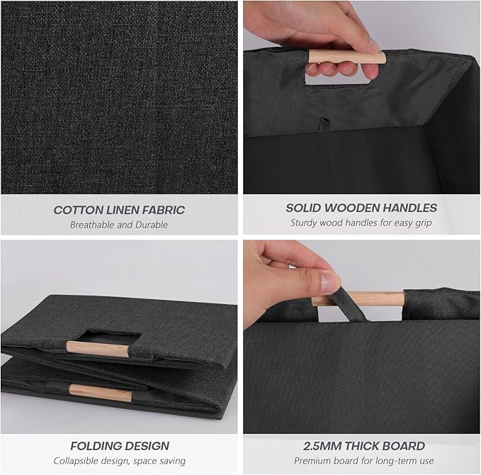 ANMINY 4PCS Storage Bins Set Large Foldable Cotton Linen Fabric Storage Baskets Box with Wood Handles Decorative Shelf Cube Clothes Towel Laundry Organizer Container - Medium, Black-NeatNest