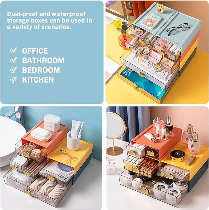 2PACK Stackable Desk Organizer Drawer 6.5"x9"x3" Desk Storage Drawer for Office Clear Plastic Organizer with Drawer for Stationery Cosmetic, Pen, Jewelry, Lipsticks (Yellow, M-2 Drawer)