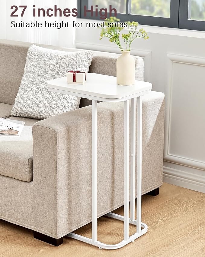 C Shaped End Table, 27 Inches High Small Side Table for Sofa and Bed, Couch Table That Slides Under, Tall Tv Tray Table for Living Room, Bedroom, Metal Frame, Snow White