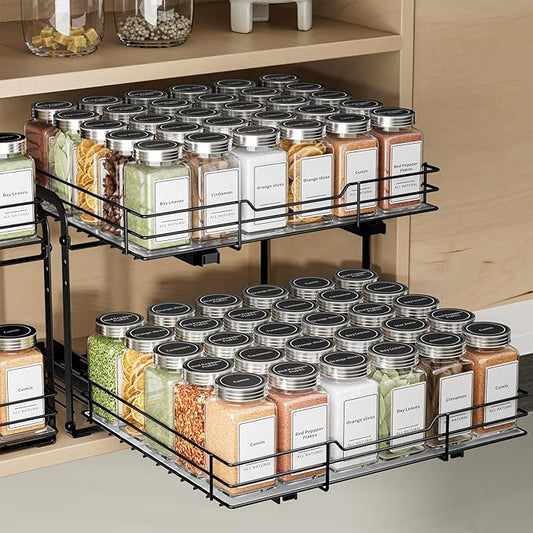 2-Tier Pull Out Spice Rack, Spice Rack Organizer, Pull Out Spice Racks for Inside Cabinets, Height Adjustable Heavy Duty Metal Basket for Inside Cabinet & Pantry (13.5''Wx10.5''Dx9.5''H)-NeatNest