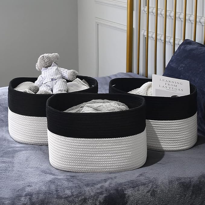Cotton Rope Storage Basket, 15x10x9 Inches, Woven Basket for Shelves, Clothes, Toys, Towels, Books, and Laundry, Durable and Stylish, Black/ White (1 Pack)-NeatNest