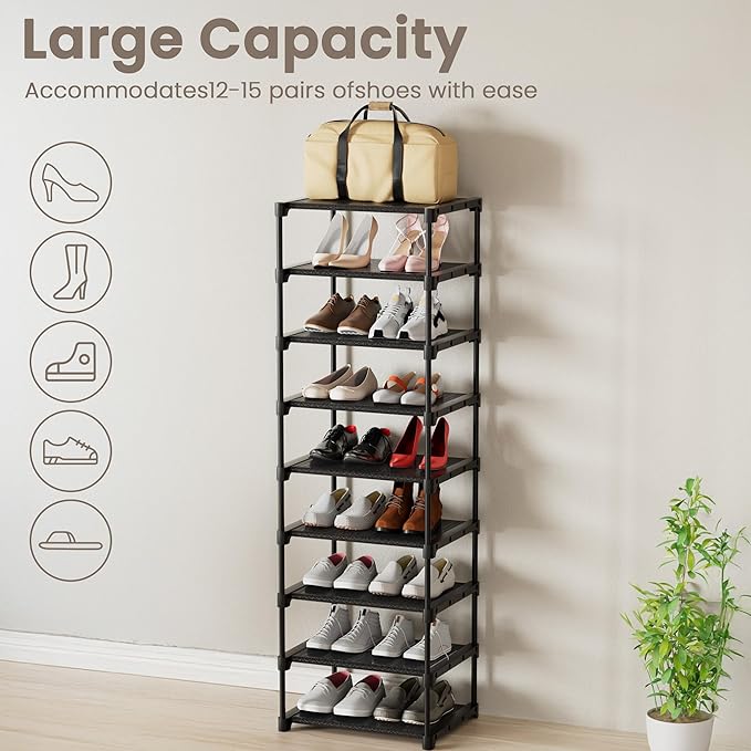 VIZUN 9 Tier Shoe Rack for Entryway, 4 Thickened Steel Pipes per Layer, Vertical Shoe Organizer Storage Free Standing, Sturdy Multi Function Metal Shoe Shelf Black-NeatNest