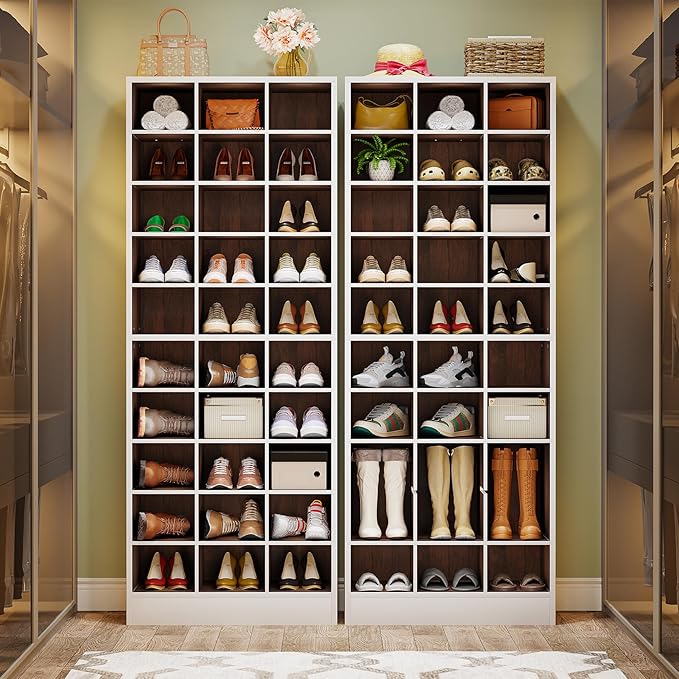 Tribesigns 10-Tier Shoe Storage Cabinet, White and Brown Wooden Shoe Rack with 30 Cubbies, Freestanding Tall Entryway Shoe Organizer for Closet, Entryway, Living Room-NeatNest