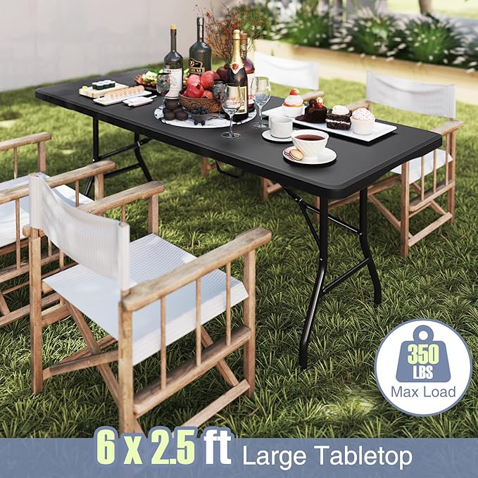 Goplus 6ft Plastic Folding Table, 350 LBS Outdoor Heavy Duty Folding Tables with HDPE Tabletop, Handle, Lock, Foldable Rectangle Portable Utility Card Table for Picnic, Party, Camping, Dining-NeatNest