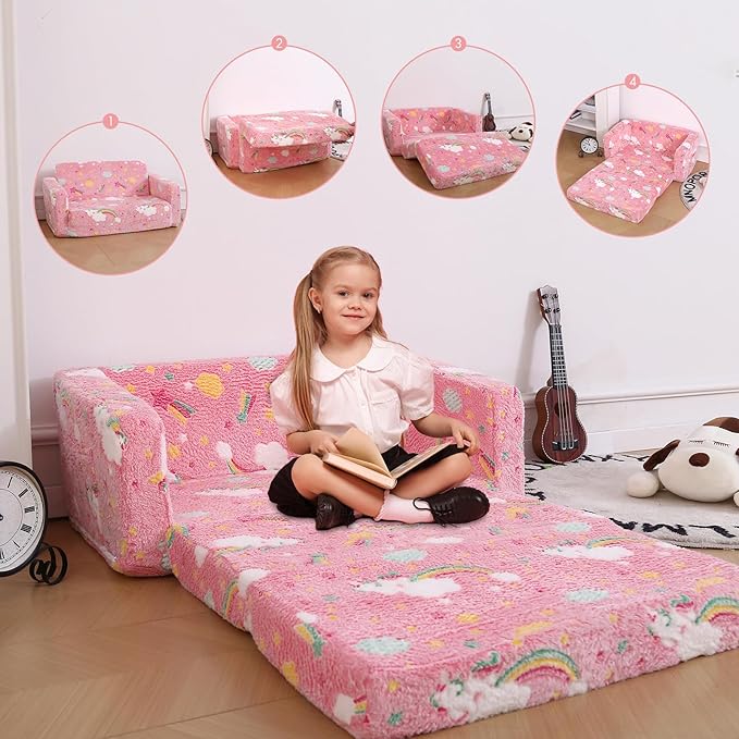 Foldable Kids Sofa Extra Wide for 2 Seats, Soft Kids Fold Out Couch Glow in The Dark,Convertible Sofa to Lounger Toddler Sofa Chair(Rainbow)-NeatNest