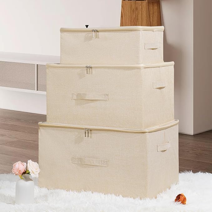 ANMINY 3PCS Storage Bins with Zipper Lids 13 Qt Lidded Fabric Storage Boxes Baskets Cubes with Handles Collapsible Washable Cotton Linen Closet Shelf Clothes Organizer Containers - Beige, Small-NeatNest