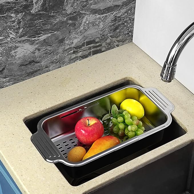 LUEXBOX Expandable Dish Drying Rack Over The Sink, Stainless Steel Drainer Basket with Adjustable Arms for Vegetable and Fruit (Silver)