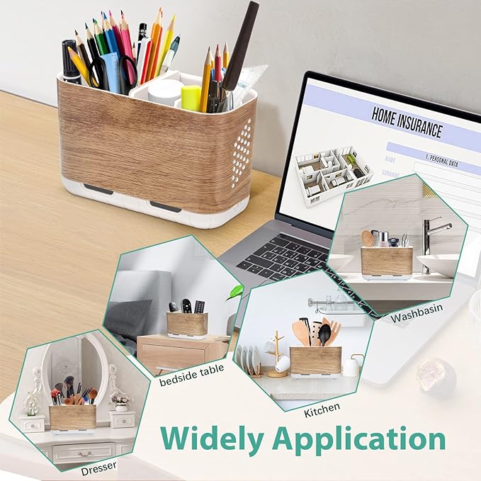 Boperzi Toothbrush and Toothpaste Holder Wood Grain for Bathroom Countertop with Adjustable Dividers, Toothpaste Caddy Organizer Storage Rustic Decor Set Freestanding Anti-Slip for Shower,Family,Kids-NeatNest