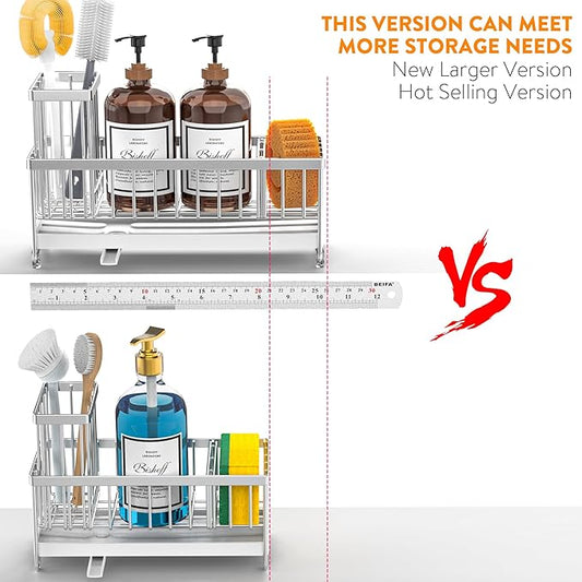 Cisily Extra Large Silver Sponge Holder for Kitchen Sink, Sink Caddy Organizer with High Brush Holder, Kitchen Countertop Organizers and Storage Essentials, Rustproof 304 Stainless Steel-NeatNest