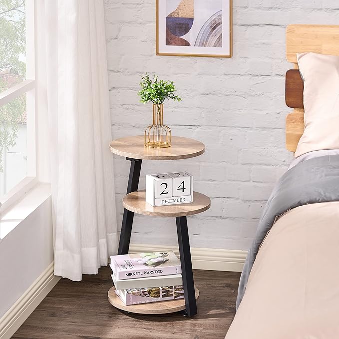 BEWISHOME Round End Table Side Table with Metal Frame, Accent Table Nightstand Bedside Table with 3-Tier Shelves, Small Couch Coffee Table for Living Room Bedroom Greige KTZ41G-NeatNest