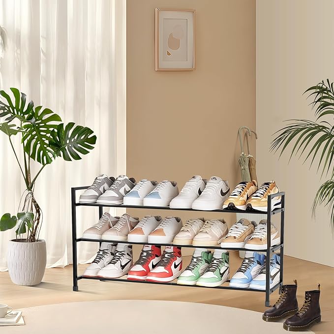 3-Tier Shoe Rack Storage Organizer for Closet, Small Space, Front Door, Sturdy Metal, Black-NeatNest
