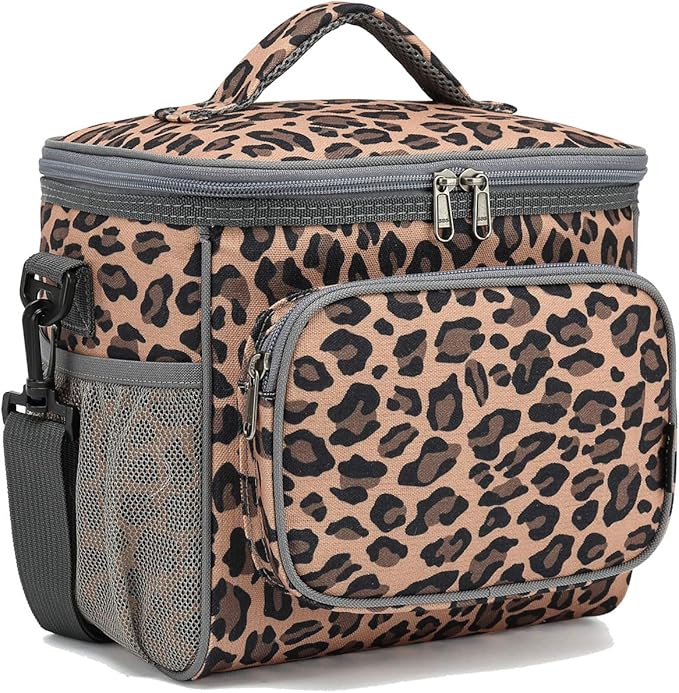 FlowFly Insulated Reusable Lunch Bag Adult Large Lunch Box for Women and Men with Adjustable Shoulder Strap,Front Zipper Pocket and Dual Large Mesh Side Pockets,Leopard-NeatNest
