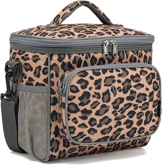 FlowFly Insulated Reusable Lunch Bag Adult Large Lunch Box for Women and Men with Adjustable Shoulder Strap,Front Zipper Pocket and Dual Large Mesh Side Pockets,Leopard-NeatNest