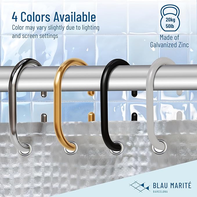 12 Metal Shower Curtain Hooks, Rust-Proof Decorative C-Shaped Curtain Hooks for Bathroom, Black Shower Curtain Rings, Fits Rods Up to 1 Inch (C, Black)-NeatNest