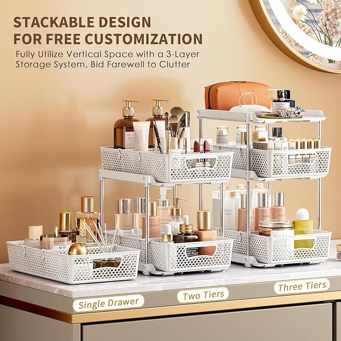 2Pcs 3 Tier Bathroom Organizers, WIDER BOLDER Pull Out Under Sink Organizer with Dividers, Kitchen and Bathroom Storage Cabinet - White-NeatNest