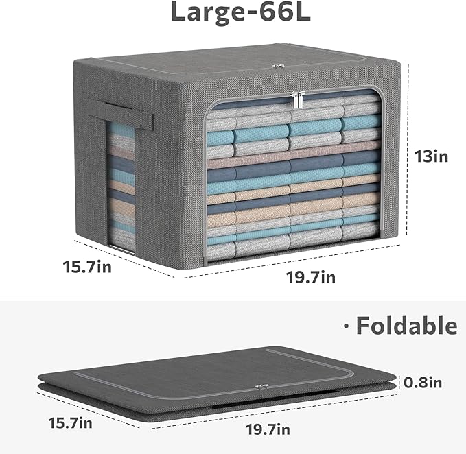 3Pack Foldable Storage Bins - Frame Storage Box Linen Fabric Stackable Clothes Container Organizer with Clear Window & Carry Handles Large Capacity (Large-66L, Dark Gray)-NeatNest
