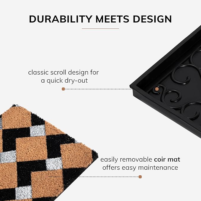Anji Mountain Rubber Boot/Shoe Tray with Coir, Fits 3 Pair (34.5"" Wide), Tan and Black Chevron Insert (AMB0BT3F-011)