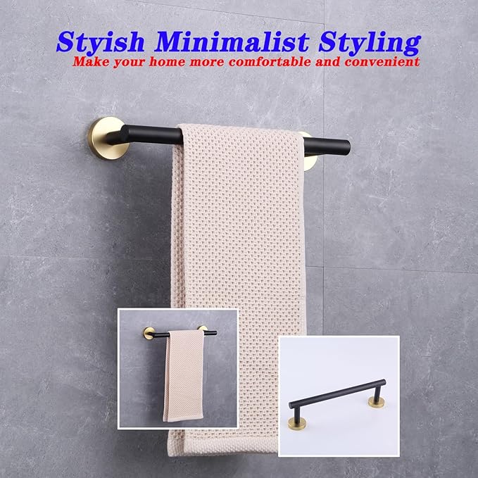 GERZWY 12-Inch Bathroom Towel Bar Modern Round Style SUS 304 Stainless Steel Bath Towel Bar Wall Mount (Black & Gold) AG1101C30.5-BD