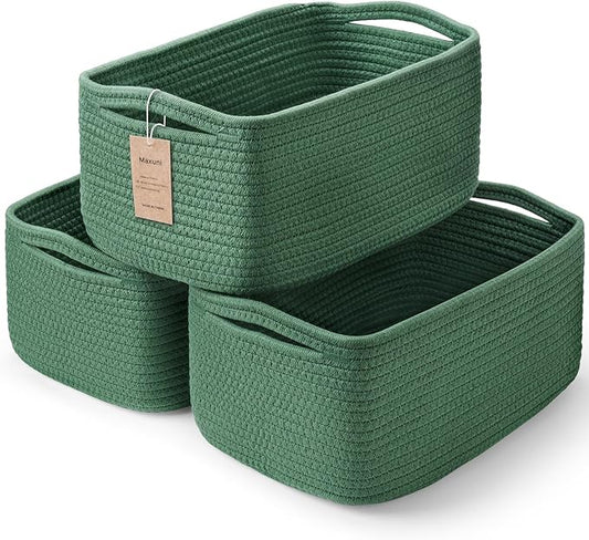 3-Pack Shelf Baskets for Organizing, Closet Organizer Bins, Small Woven Baskets, Rope Toy Basket, Storage Basket for Shelves, Cube Decorative Box, 11.5×7.5×4.7”, Green-NeatNest