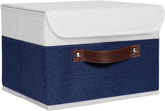 ANMINY Storage Boxes with Lids Washable Decorative Storage Bins Basket with PU Leather Handle Foldable Linen Fabric Storage Cubes Containers for Home Closet Organizer - Deep Blue White, Small Size-NeatNest