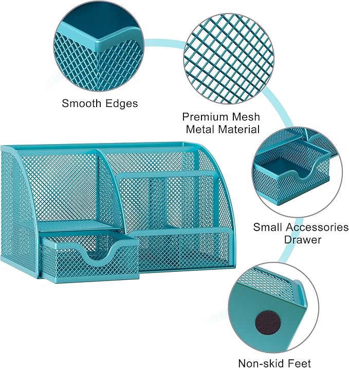 EasyPAG Mesh Desk Organizer, Multi-functional Stationery Organizer for School Supplies, Office Pen Holder for Desk, 6 Compartments Dorm Organization with Drawer, Blue