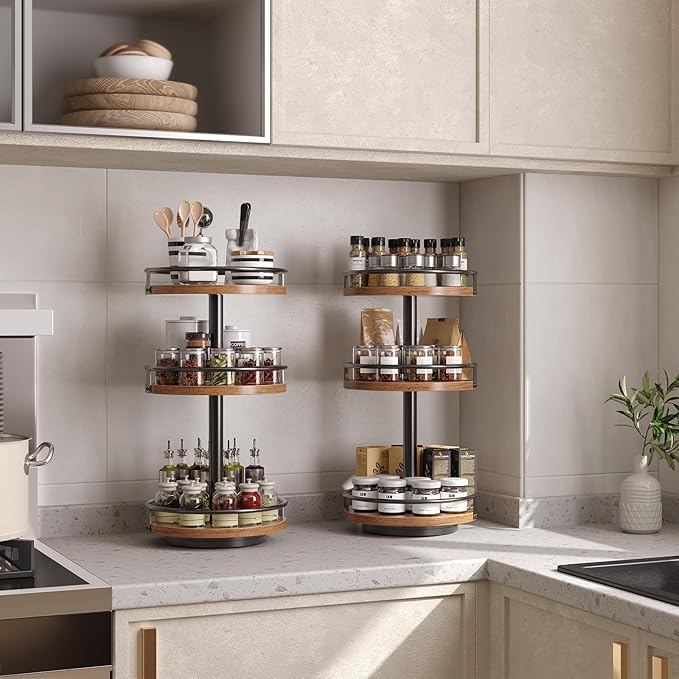 HOOBRO 3-Tier Lazy Susan Organizer, Rotating Spice Rack, Turntable Spice Rack, Vertical Storage Organizer, for Kitchen Countertop, Vanity, Dining Table, Rustic Brown and Black BF09TL01-NeatNest