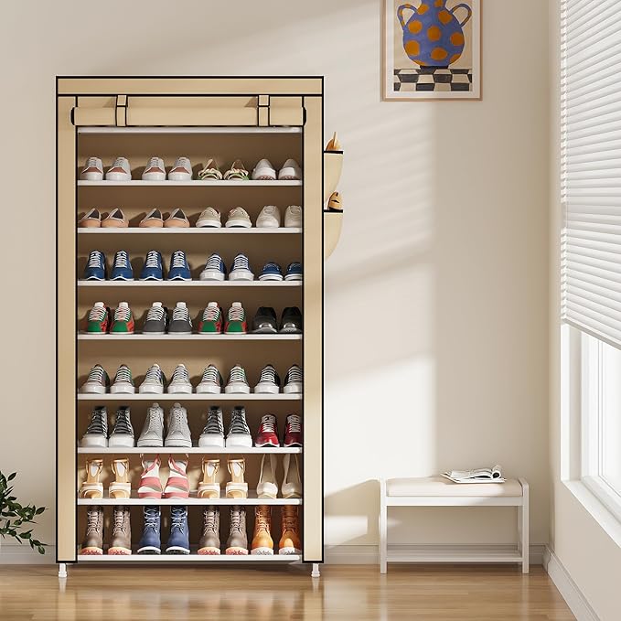 Laiensia 9-Tier Shoe Rack ，Space Saving Shoe Storage Organizer Non-Woven Cover Shoe Shelf Holds 36-45 Pairs for Bedroom, Hallway, Entryway, Beige-NeatNest