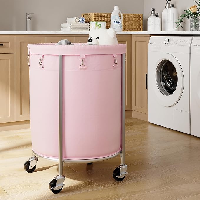 ELYKEN Laundry Basket with Wheels, 170L Rolling Laundry Hamper with Removable Bag and Steel Frame, Round Laundry Cart with 4 Casters and 2 Brakes, Ideal for Bedroom, Bathroom, Laundry Room, Pink