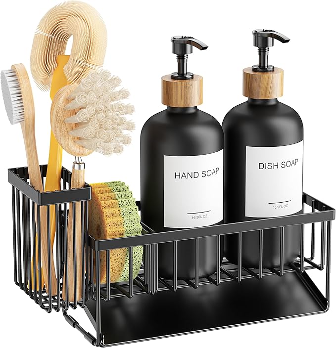 Cisily Kitchen Dish Soap Dispenser Set with 2 Pack Black Glass, Soap Dispensers with Adjustable Black Sink Caddy, Vintage Kitchen Soap Dispenser Set, Hand and Dish Soap Dispensers Set-NeatNest