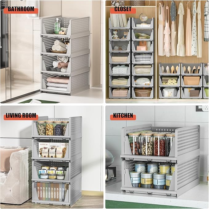 Neprock Clothes Storage - 4 Pack Plastic Drawer Organizers, Stackable Closet System for Towel, T-Shirt, Sweater (4L Gray)
