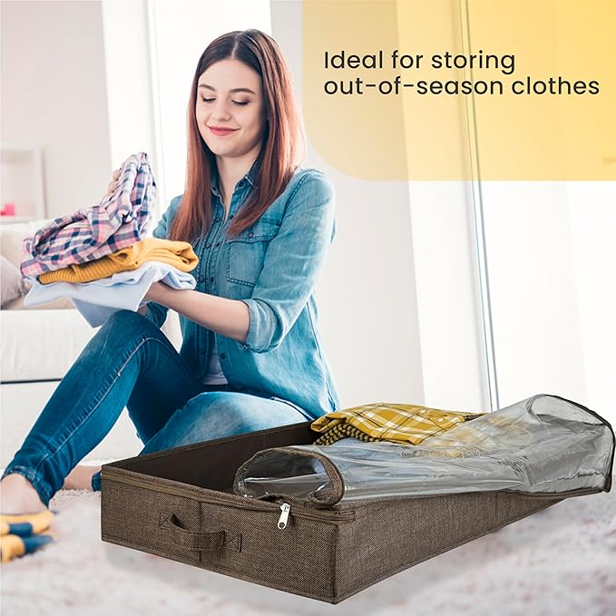 Brown Low Profile Under Bed Storage Containers 5 inches high, 33.8"x 17.7"x 5.1", Sturdy Underbed Shoe Storage Organizer, Foldable Fabric Under the Bed Storage Bins - Pack of 2-NeatNest