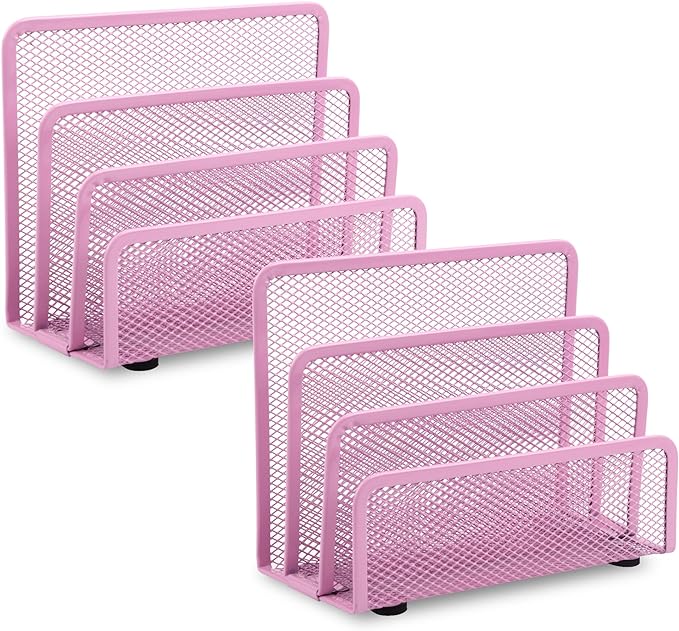 EASEPRES Desk Mail Organizer, Office Small Desktop Metal Mesh Envelope Letter Sorter Paper File Holder Organizer with 3 Vertical Upright Compartments, Pink 2 Pack