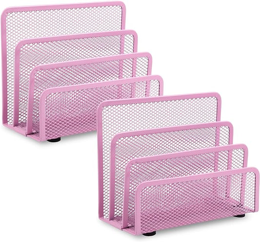 EASEPRES Desk Mail Organizer, Office Small Desktop Metal Mesh Envelope Letter Sorter Paper File Holder Organizer with 3 Vertical Upright Compartments, Pink 2 Pack