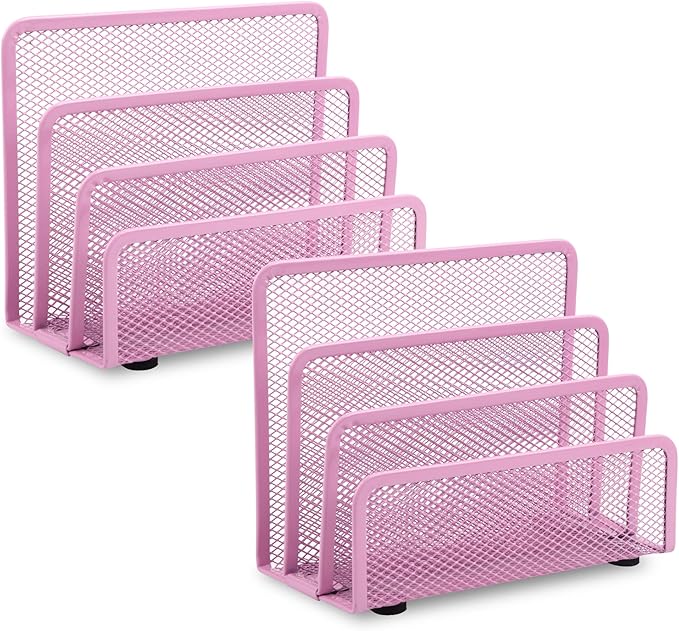 EASEPRES Desk Mail Organizer, Office Small Desktop Metal Mesh Envelope Letter Sorter Paper File Holder Organizer with 3 Vertical Upright Compartments, Pink 2 Pack