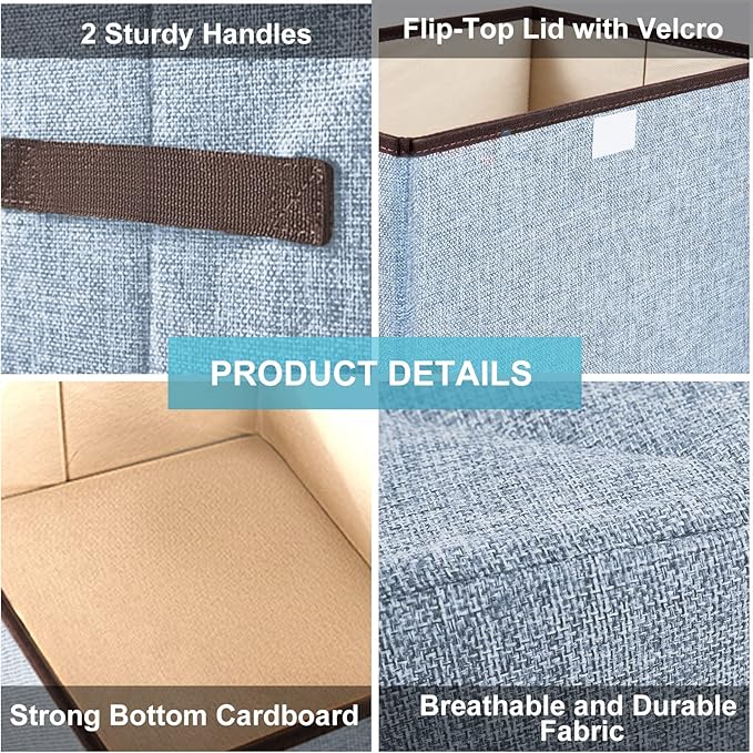 Foldable Storage Bins with Lids, Decorative Storage Baskets, Large Storage Boxes for Home, Office, Bedroom, Closet, Blue, Medium, 4 Pack 14.6 x 9.5 x 9.5”-NeatNest