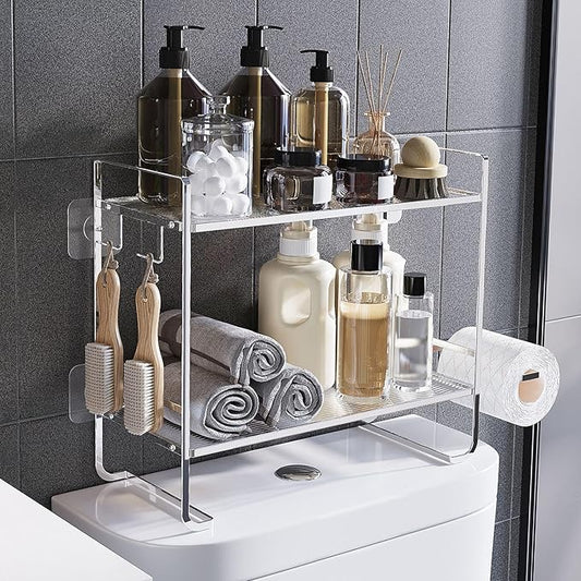 2-Tier Over Toilet Storage Rack, Gold Metal Bathroom Organizer Shelf, Toilet Tank Topper with Side Hooks (White, 2L)-NeatNest