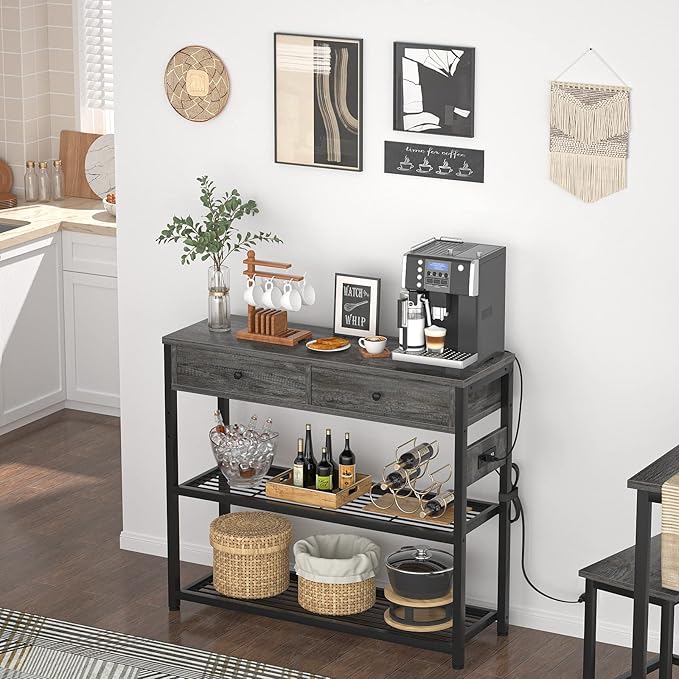 Ecoprsio Entryway Table with Outlets and USB Ports, Small Console Table with 2 Drawers, Sofa Table with Storage Shelves for Living Room, Couch, Hallway, Foyer, Kitchen Counter, 32'', Grey Oak-NeatNest