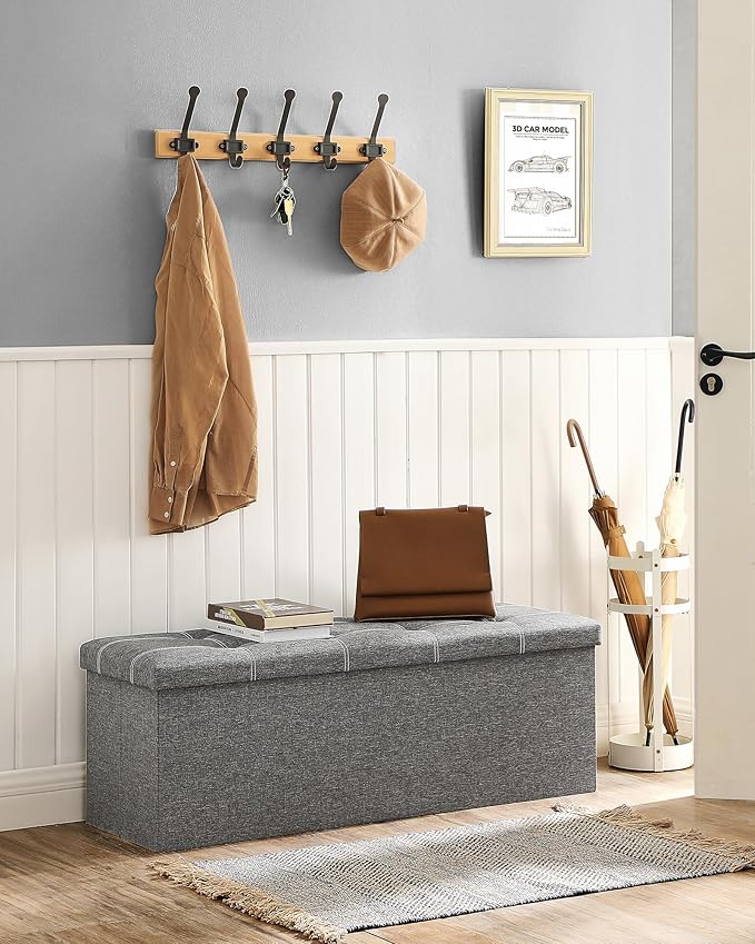 SONGMICS MAZIE Collection - 43 Inches Ottoman Storage Bench, 35 Gal. Folding Chest with Breathable Linen-Look Fabric, Load up to 660 lb, for Entryway, Living Room, Bedroom, Light Gray ULSF077G05-NeatNest