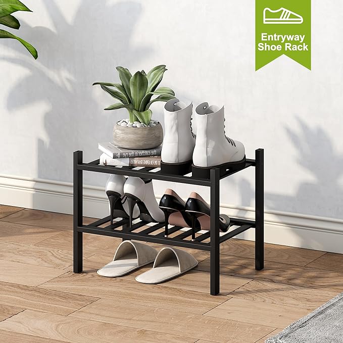 BMOSU 2-Tier Bamboo Small Shoe Rack Premium Stackable Shoe Shelf Storage Organizer for Hallway Closet Living Room Entryway Organizer (Black Bamboo)-NeatNest