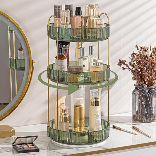 Rotating Makeup Organizer for Vanity, High-Capacity Skincare Clear Make Up Storage Perfume Organizers Cosmetic Dresser Organizer Countertop 360 Spinning (Green, 3 Tier)-NeatNest