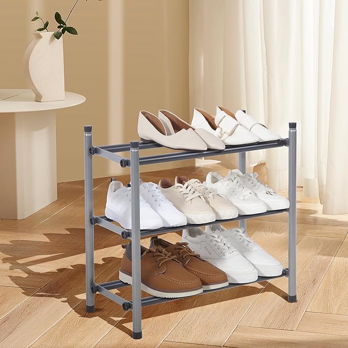 STORAGE MANIAC Expandable Shoe Rack, 12 Pairs Stackable Small Shoe Rack, Metal Adjustable Shoes Organizer for Closet, Entryway, Hallway, Garage, Front Door, Shoes Shelves, Black 3 Tier-NeatNest