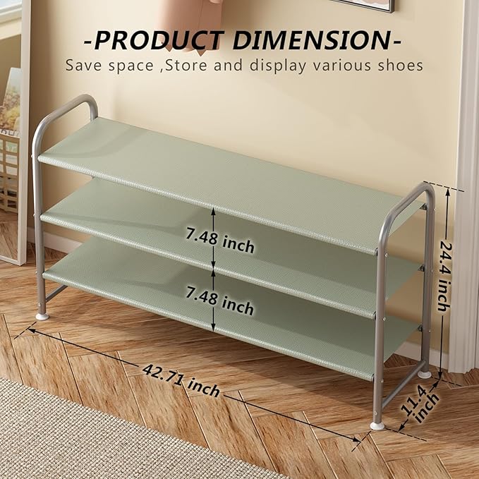 Shoe Rack 3 Tier Long Storage Organizer Wide Metal Shoe Shelf for Closet Entryway Grey-NeatNest